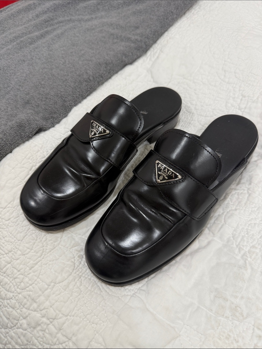 Prada Black Leather Slip-On Mule Loafers with Triangle Logo - Picture 2 of 3